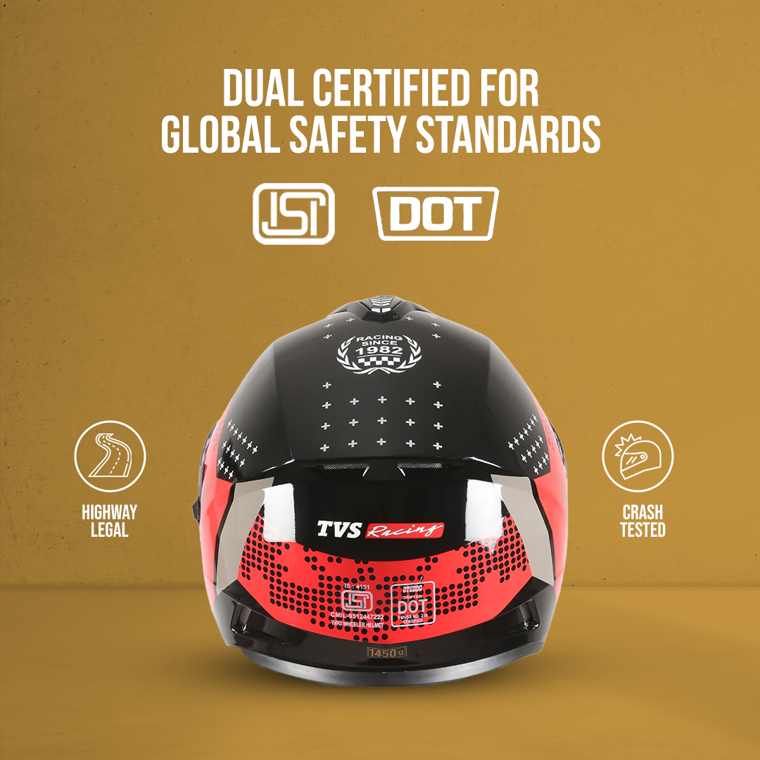 TVS Racing Phantom Series Full Face Dual Visor Helmet for Men | Premium Bike Helmets with ABS Shell, UV Paint | Quick Release System | Aerodynamic Design | DOT & ISI Certified (Black V1)